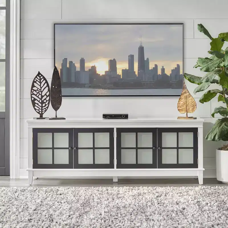Buylateral Hampshire TV Stand for TVs up to 55" White/Black: Media Console with Adjustable Shelves, Cable Management