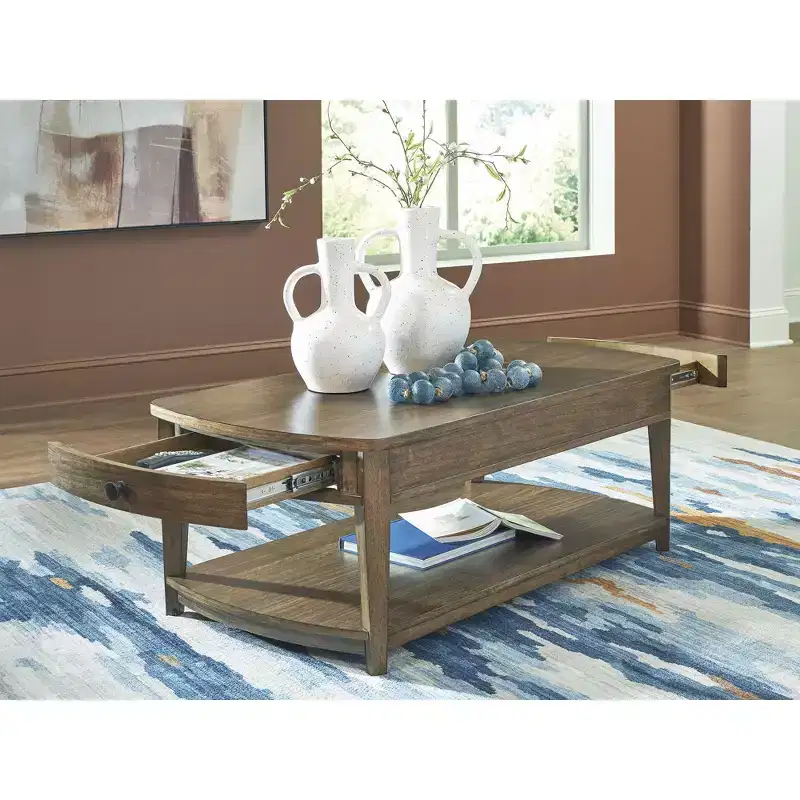 Signature Design by Ashley Burkbyer Rectangular Coffee Table with Storage Drawers and Shelf, Brown