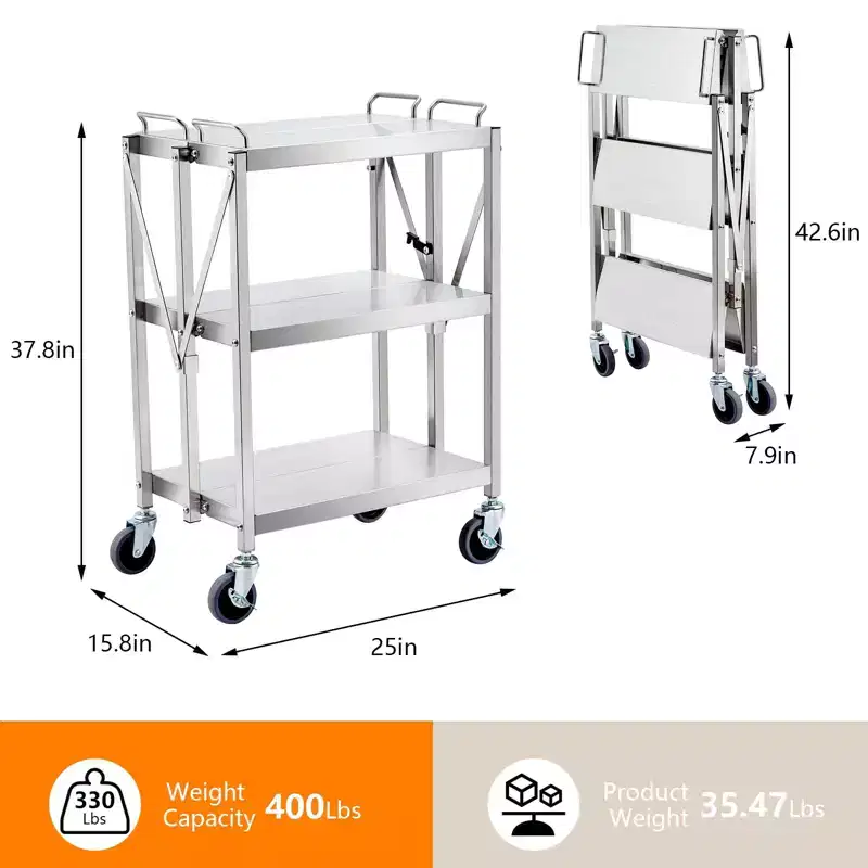 3-Tier Foldable Utility Cart with Wheels, 300 LBS Capacity, Rolling Service Cart for Home, Garage, Kitchen & Workshop Storage