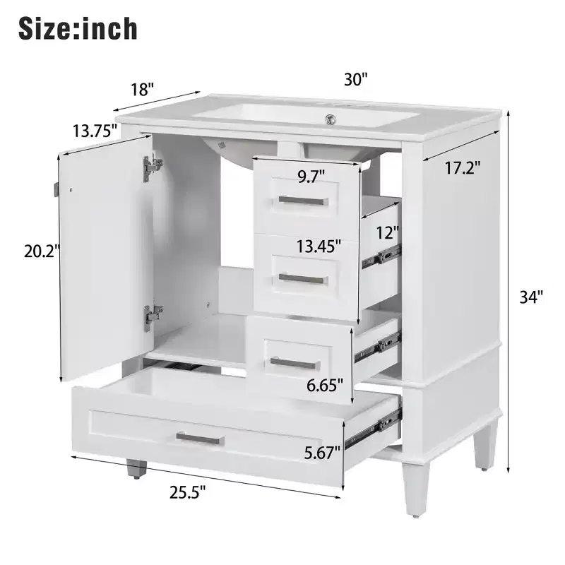 30 Bathroom Vanity With Undermount Ceramic Sink, Modern Bathroom Storage Cabinet With 3 Drawers & 1 Soft Closing Door Cabinet, Quick Assembly