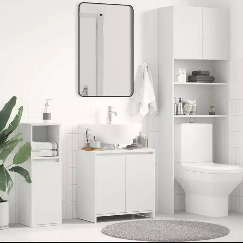 Bathroom Cabinet, White Engineered Wood, 2 Doors & 1 Shelf, 23.6W x 23.6H x 13D