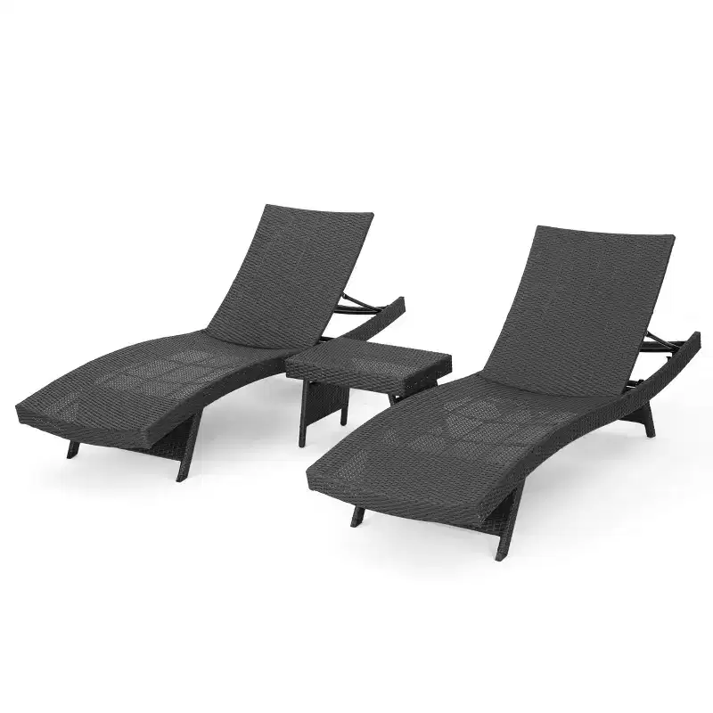 GDFStudio Olivia Outdoor Wicker 3 Piece Armless Adjustable Chaise Lounge Chat Set