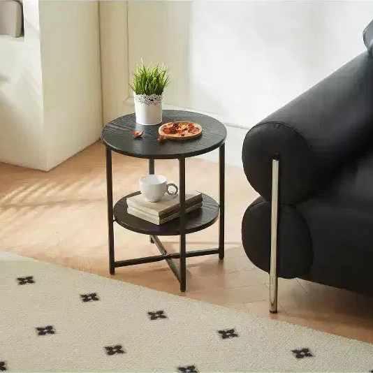 Farmhouse Small Round Side Table with Criss-Cross Legs, End Table with Bottom Shelf for Living Room & Bedroom, Black