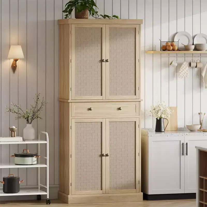 72 Kitchen Pantry Cabinet, Freestanding Storage Cabinet with 4 Woven Panel Doors, 1 Drawer & 4 Adjustable Shelves, Wood Cupboard for Dining Room