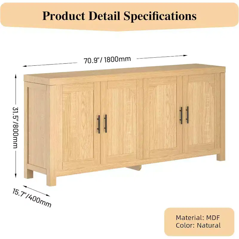 71-inch sideboard, four-door design, with recessed trim and adjustable shelves.