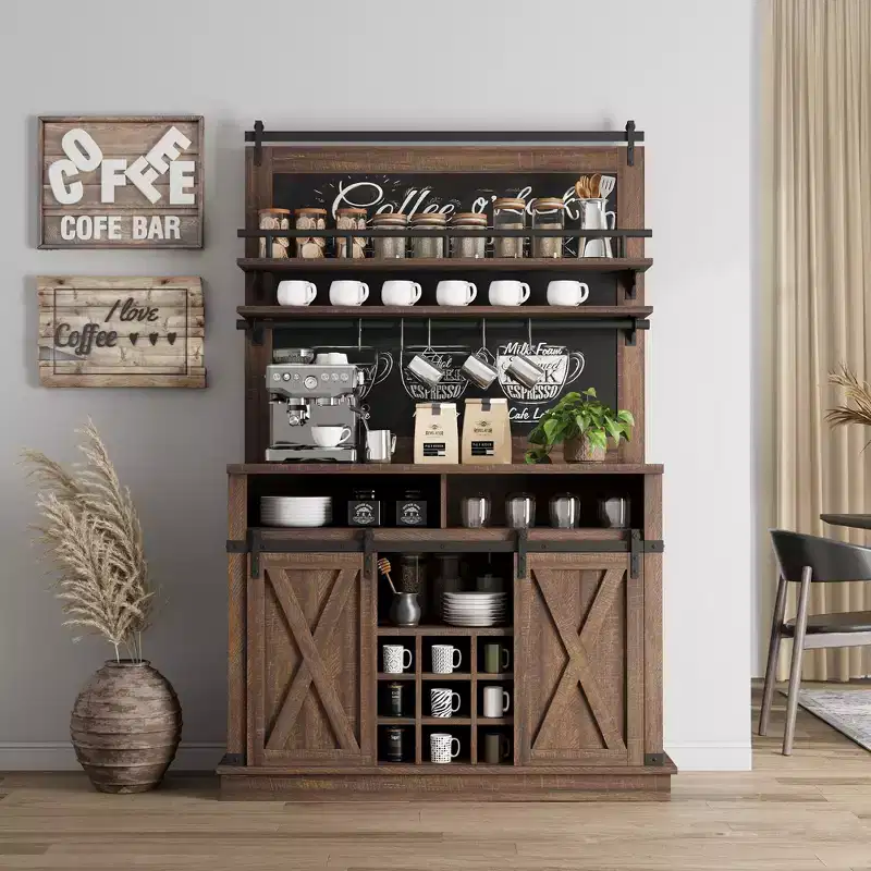 Bar Cabinet with storage space ,Tall Coffee Hutch,Large Kitchens Coffee Bar Cabinet Cupboard with Sliding Door