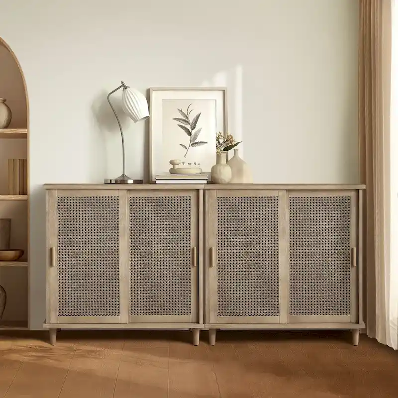 Set of 2 Natural Cane Rattan Sideboard Buffet Cabinet, Boho Accent Storage, Living Room Entryway