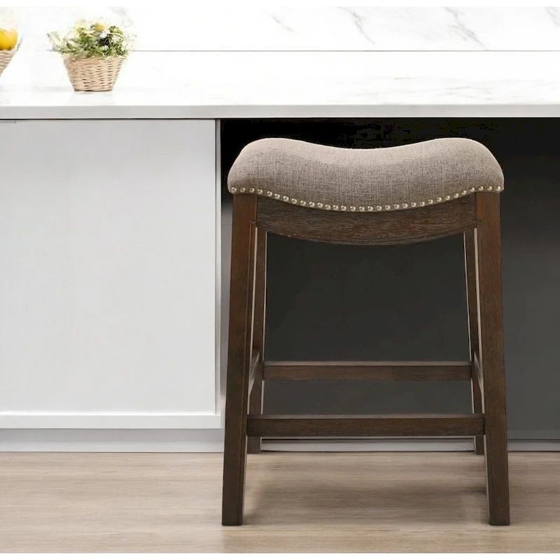 HomeRoots 26 Gray and Brown Fabric and Solid Wood Backless Counter Height Bar Chair