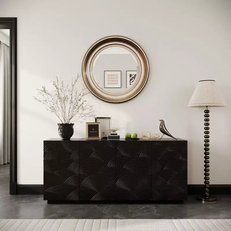 60 Modern Black Sideboard Buffet Cabinet & TV Stand, Low Profile Media Console with Textured Scalloped Doors - Panipeachy