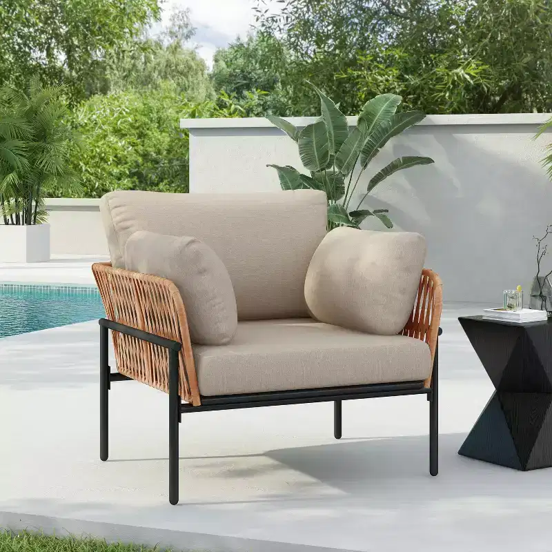 36W Patio Accent Chair Lounge Chair Arm Chair with Cushions, Pillows and Stylish Rope-Weave Design, Iron, Beige+Grey/Natural-ModernLuxe