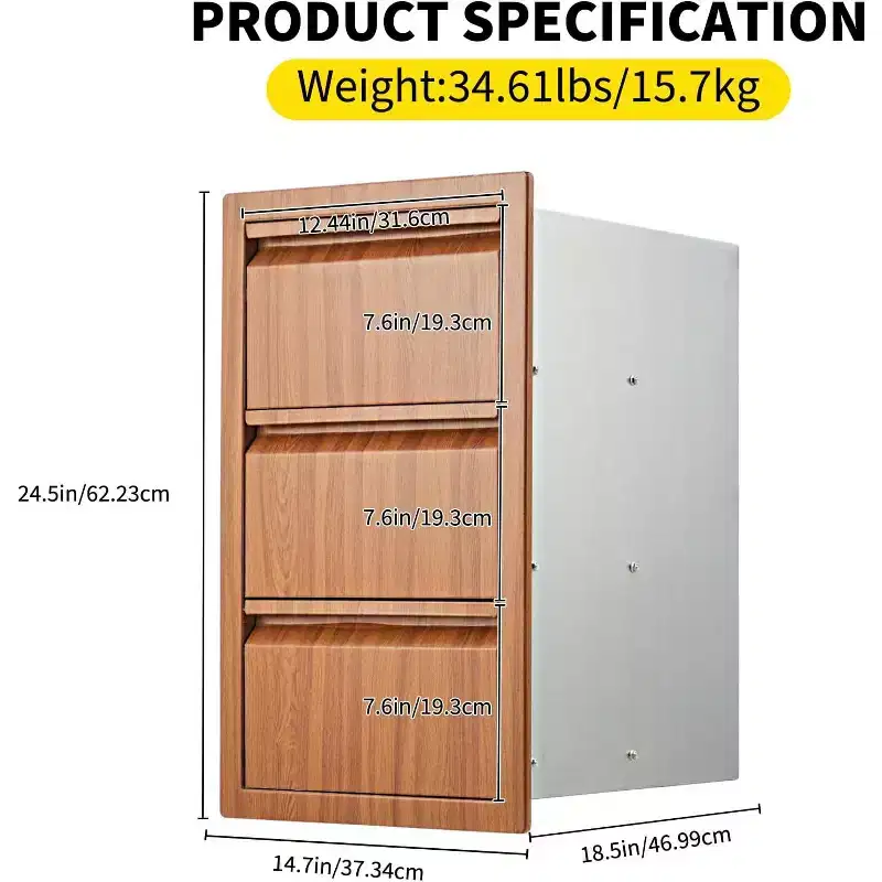 Acekool Outdoor Kitchen 14x24x18 Triple Drawer, Stainless Steel Storage Cabinet for Patio Grill Island, Brown