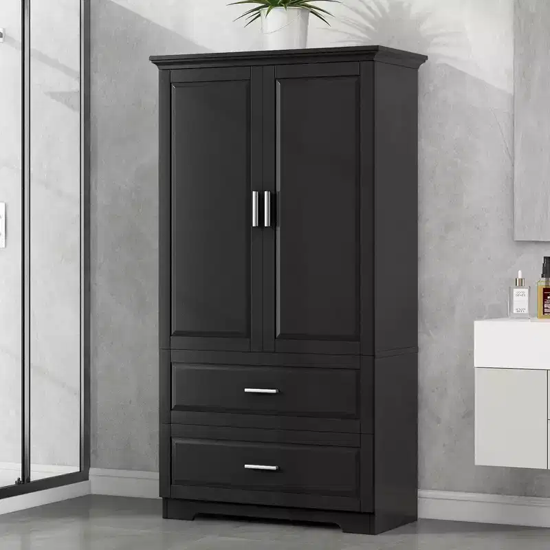 GDFStudio Elliot Modern Tall Freestanding Wood Bathroom Storage Cabinet with Adjustable Shelf, Drawers and Doors
