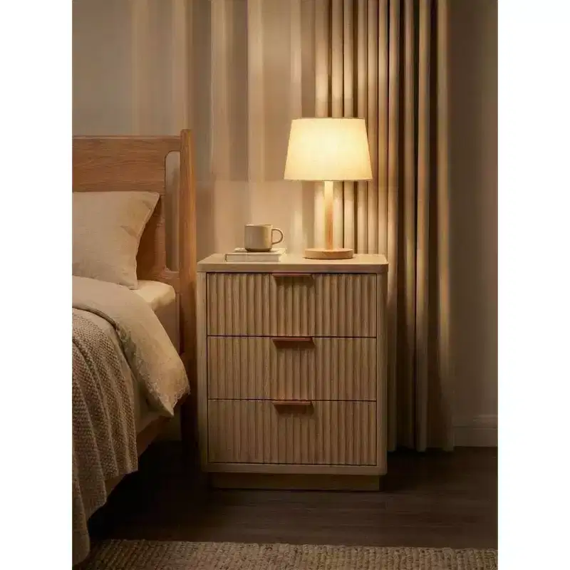 Nightstand with 3 Drawers, Light Wood Bedside Table with Charging Station.