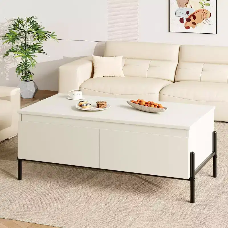 White Modern Coffee Table with 2 Handle-Free Drawers, Metal Legs & Open Back Shelf Rectangle Center Table for Living Room, Easy Assembly