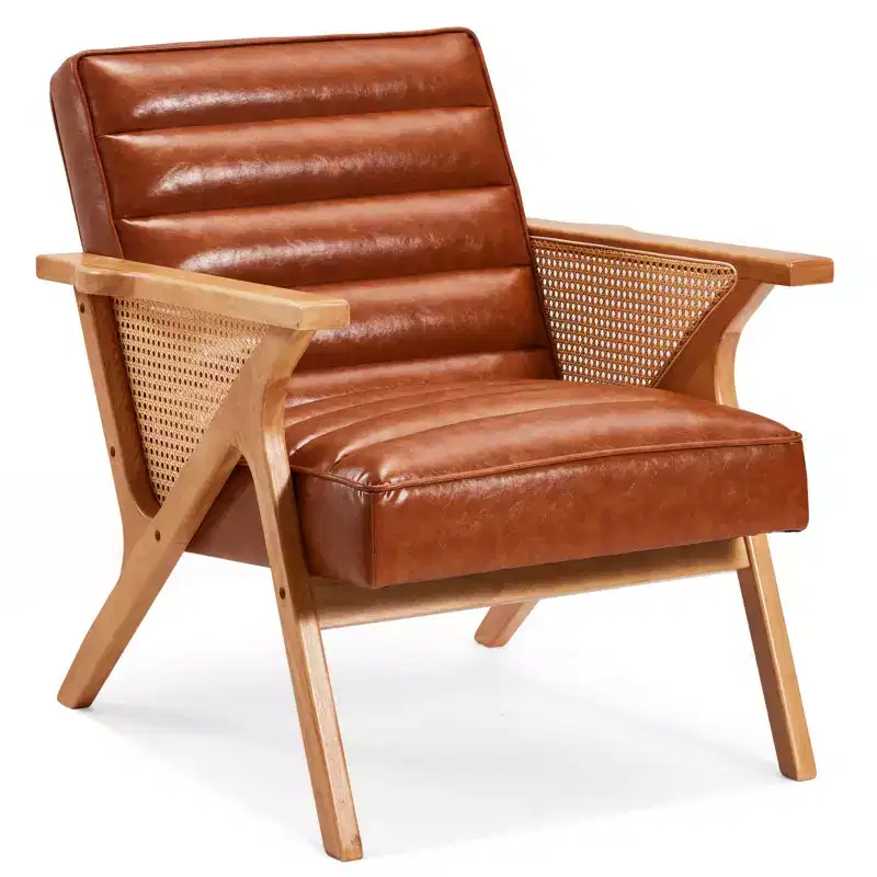 EROMMY Modern Leather Accent Chair Natural Rattan Upholstered Armchair With Solid Wood Frame