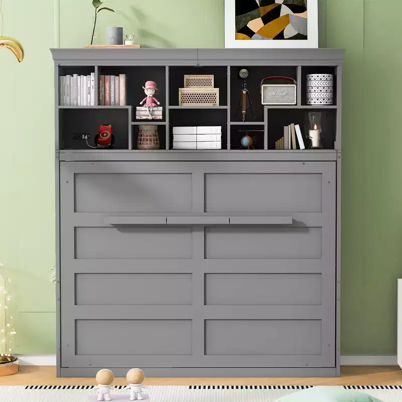 Modern Design Queen Size Murphy Bed Wall Bed, Folded into a Cabinet with Top Shelves and USB Ports