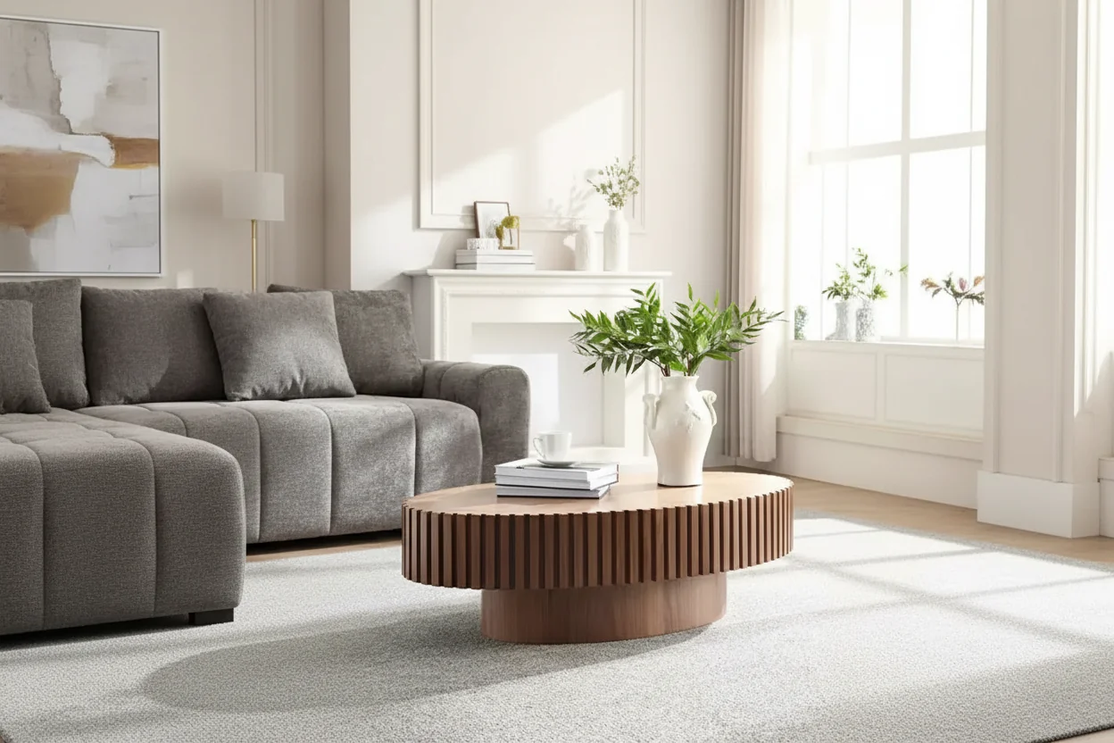 Oval Drum Coffee Table Walnut Pedestal Base MDF 43-Inch Living Room
