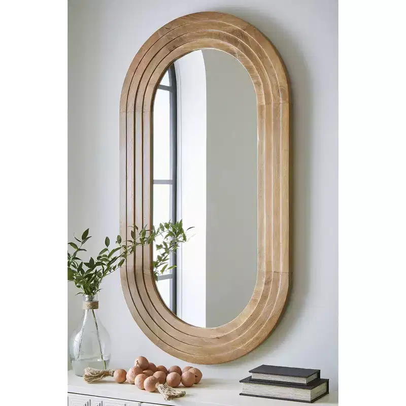 Oval Wall Accent Mirror with Brown Wood Frame