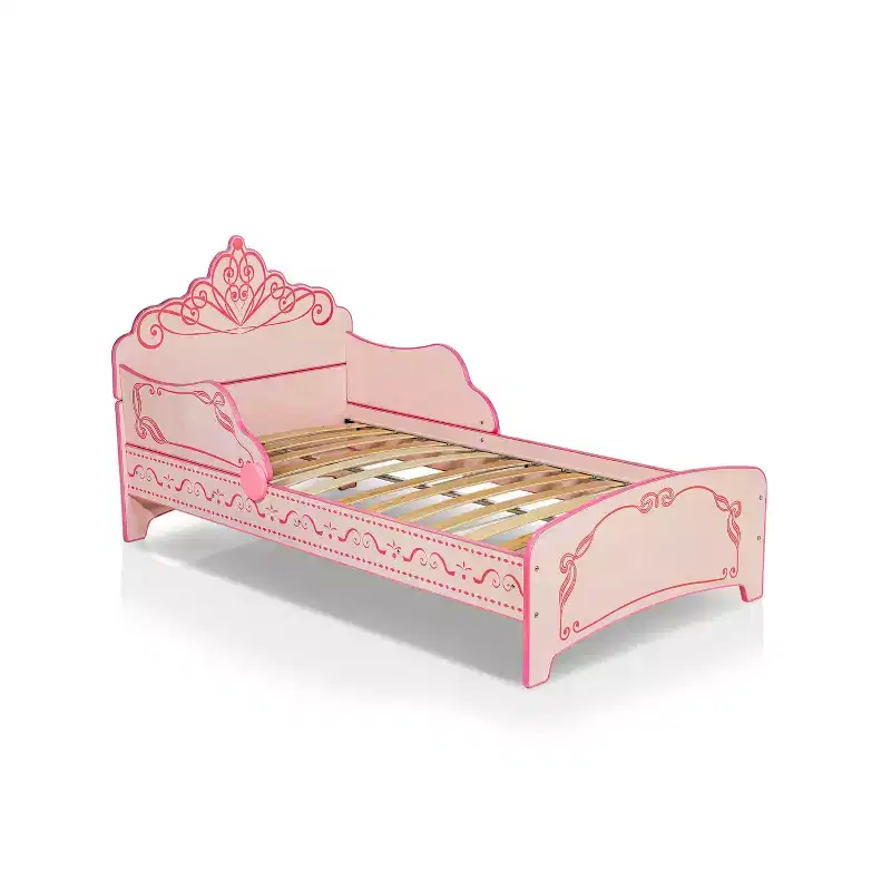 Princess Crown Twin Kids Bed, Pink, Decorative Scrollwork, Modern Kids Bedroom Furniture