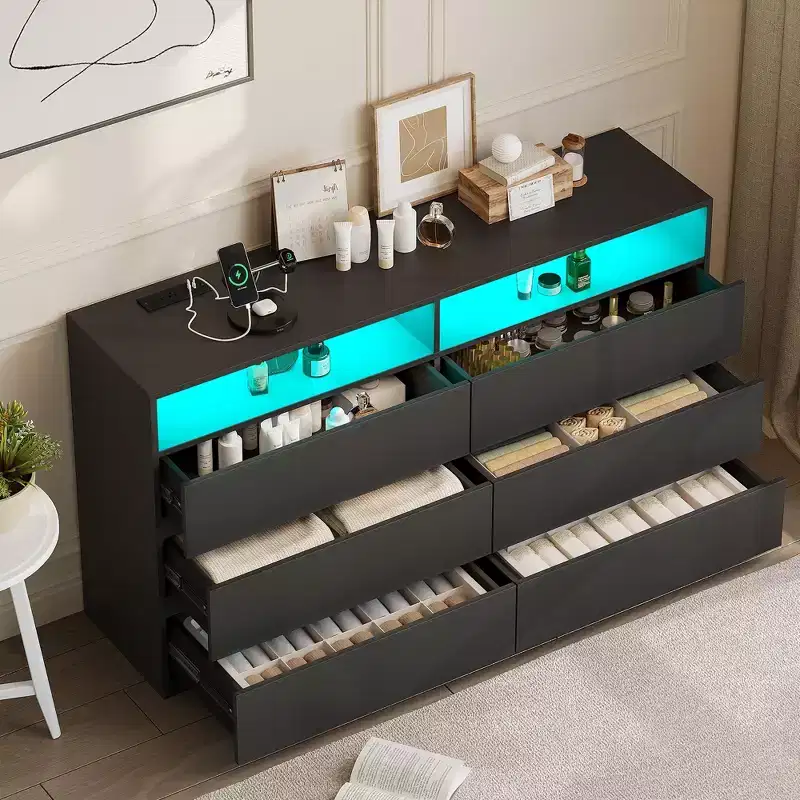 Modern Dresser 6 Drawer Dresser for Bedroom with LED Lights/Power Outlet,Double Wide Drawer Storage Organizer TV Stand for Living Room