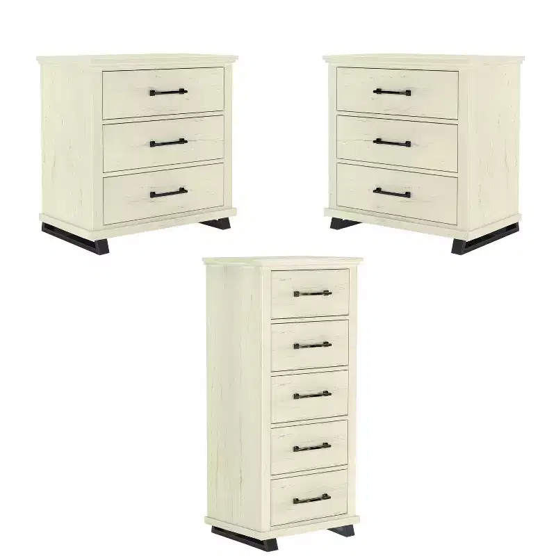 Festivo 3pc Contemporary 24" 5 Drawer Chest and 3 Drawer Nightstand Set Saw Cut Off-White: MDF, Metal Legs, Anti-Tip