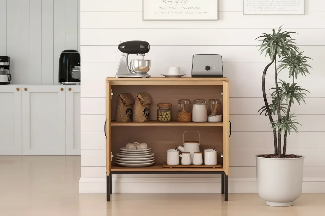 Rattan Storage Cabinet with 2-Door Buffet Sideboard & 3-Position Adjustable Shelf