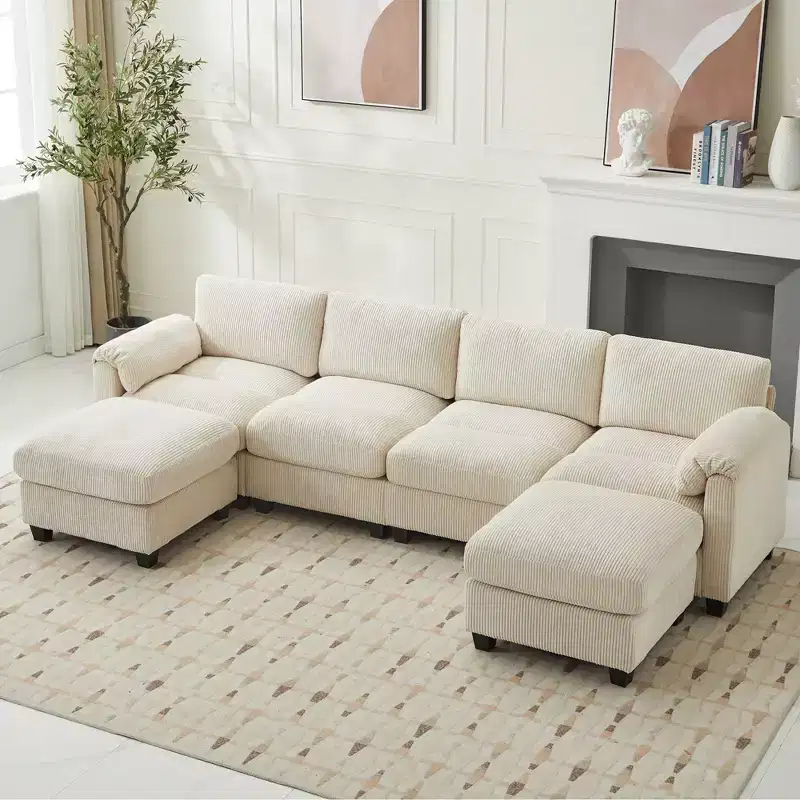 Hyleory 115 Corduroy Modular Sectional Sofa with two ottomans, U Shaped Couch,4 Seater Corner Sofa for Living Room, Office, Spacious Space