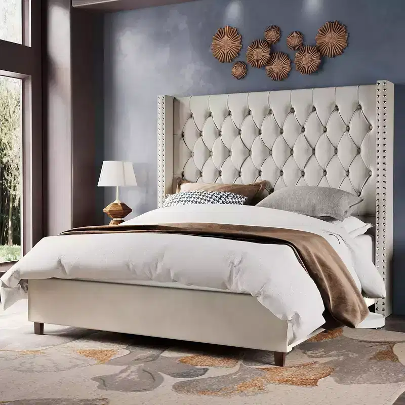 AMERLIFE Bed Frame with 61.4 Headboard,Velvet Tufted and Handmade Pleat Deep Button