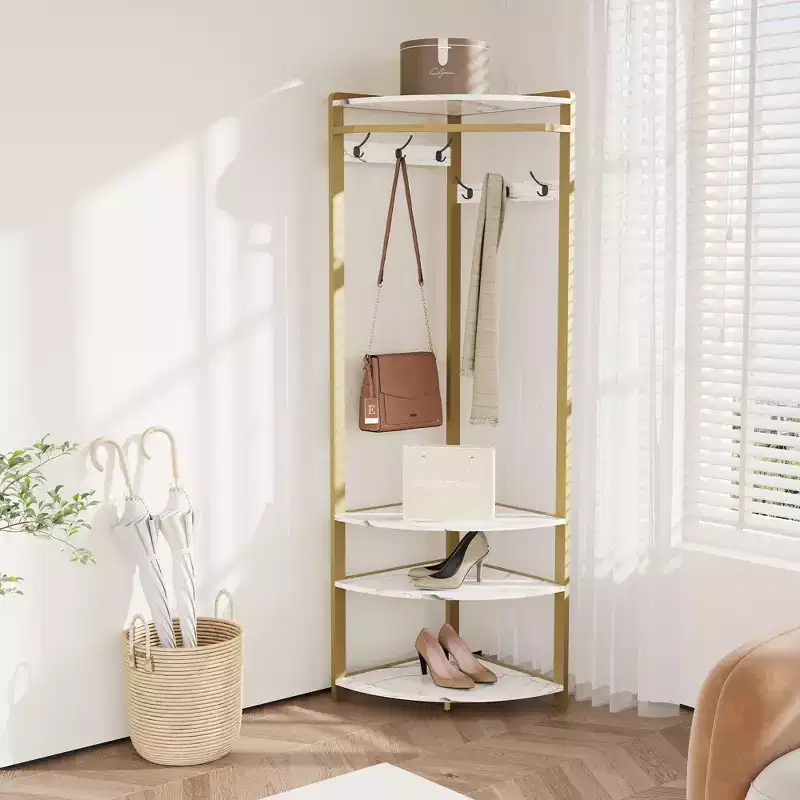 Corner Coat Rack, Corner Hall Tree with Shoe Bench Shelf & 6 Double Hooks for Entryway, Hallway, Bathroom, Closet