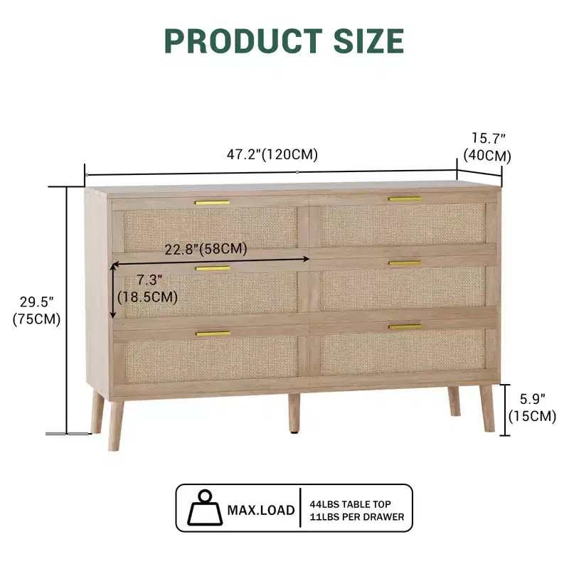 Garvee Natural Rattan Dresser with Golden Handles  Farmhouse Wood Storage Chest with 5 Strong Legs for Living Room, Bedroom & Entryway, Oak