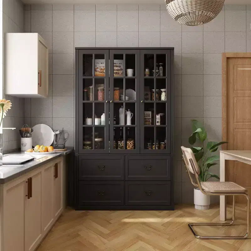 47.2''W Glass Doors Display Cabinet Wooden Organizer Pantry Black