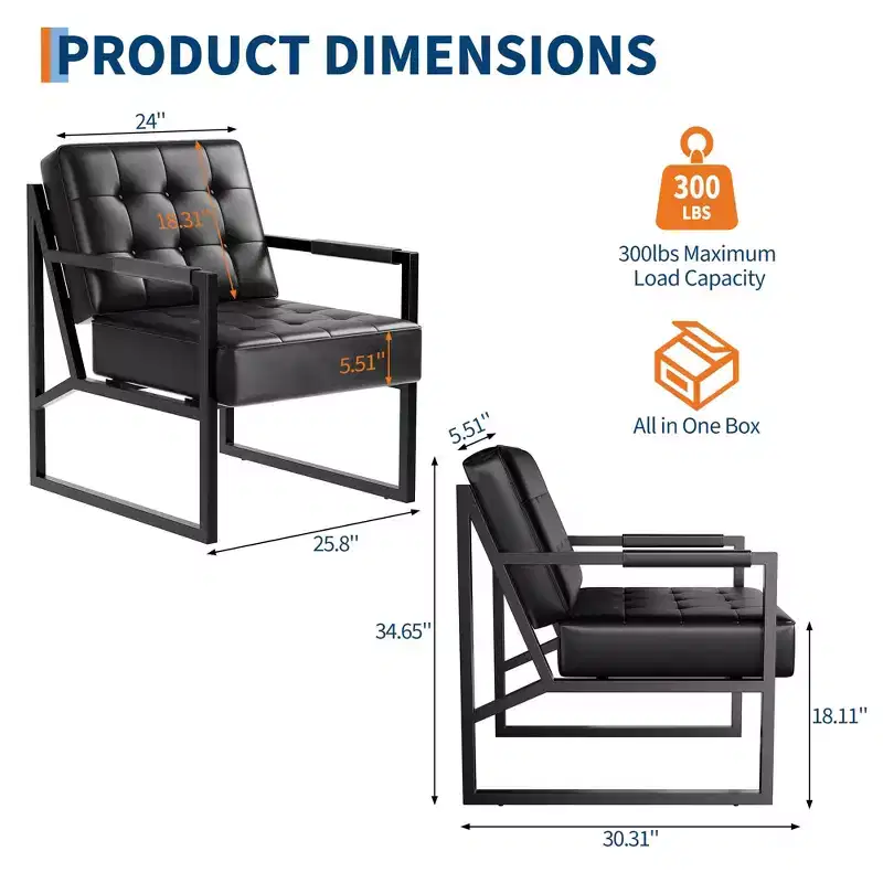 Mid Century Accent Chair - Faux Leather Armchair with Metal Legs for Living Room Bedroom Office Reception - Black