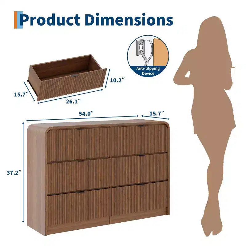 Modern 6/8-Drawer Dresser with Rounded Edges, Wide Walnut Wood Chest of Drawers, Horizontal Storage Cabinet Organizer for Bedroom & Living Room
