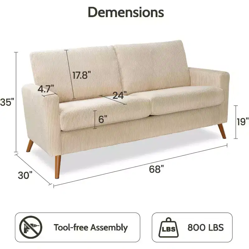 Dyonery 68 Sofa Fabric Couch Comfy Loveseat with Spring Cushion Solid Wood , Modern Deep Seat