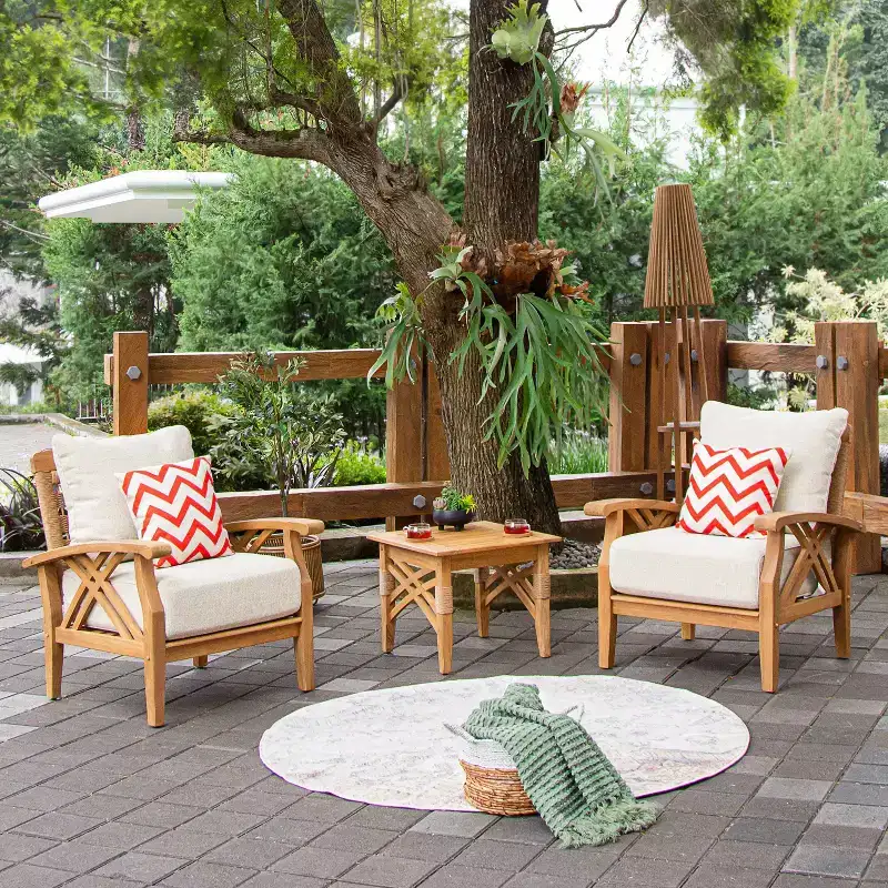 Sonoma Lane Eola 3pc Teak Outdoor Patio Conversation Set with Tan Zippered Cushions - Weather-Resistant