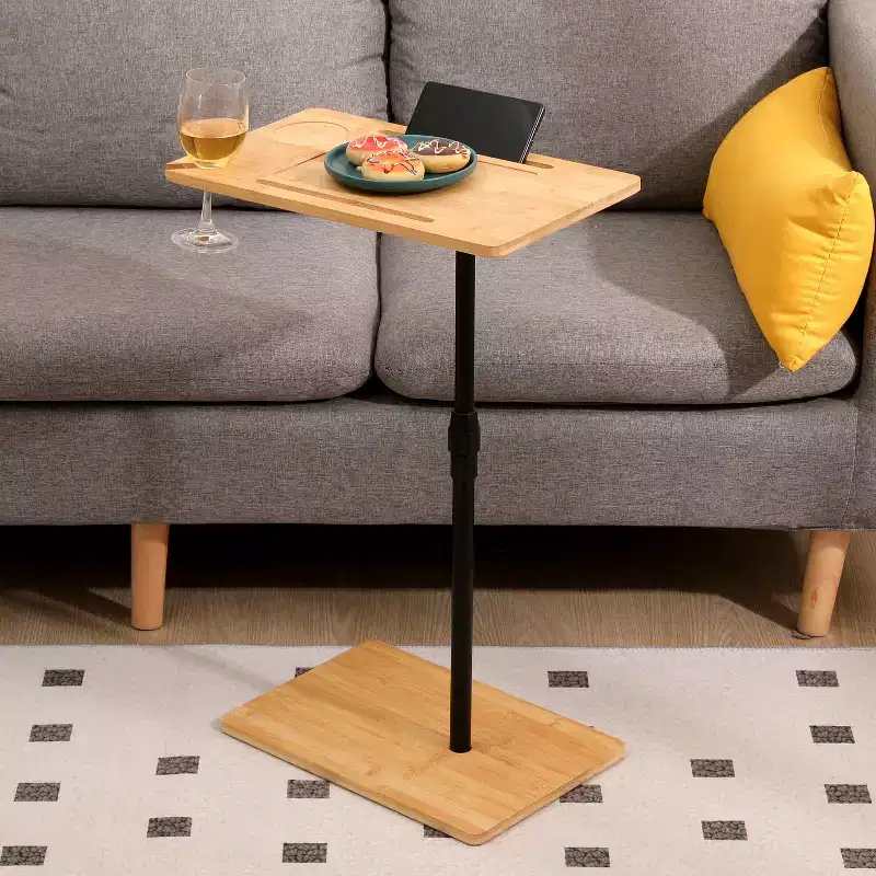 Bamboo Height Adjustable C-Shape Side Table with Phone Slot & Wine Glass Holder