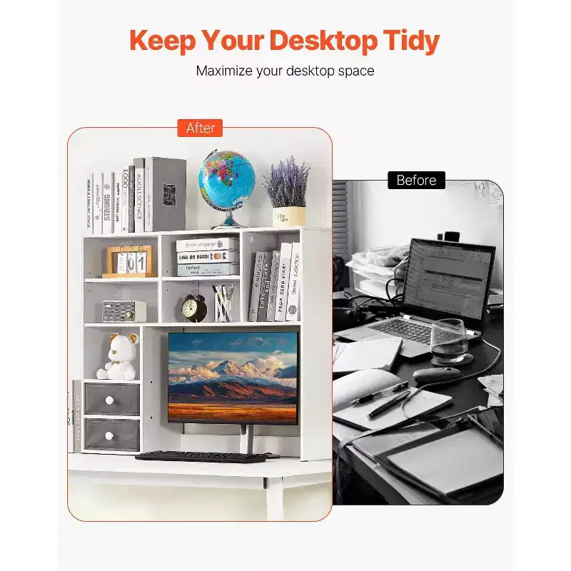 VIYET 31 3-Tier Desktop Bookshelf - White Wood, Two Fabric Drawers