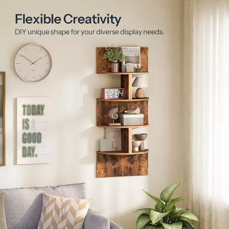 ACOINEL Set of 2 Floating Corner Shelves Wall Mounted, 4-Tier Rustic Brown Corner Bookshelves for Living Room Bedroom