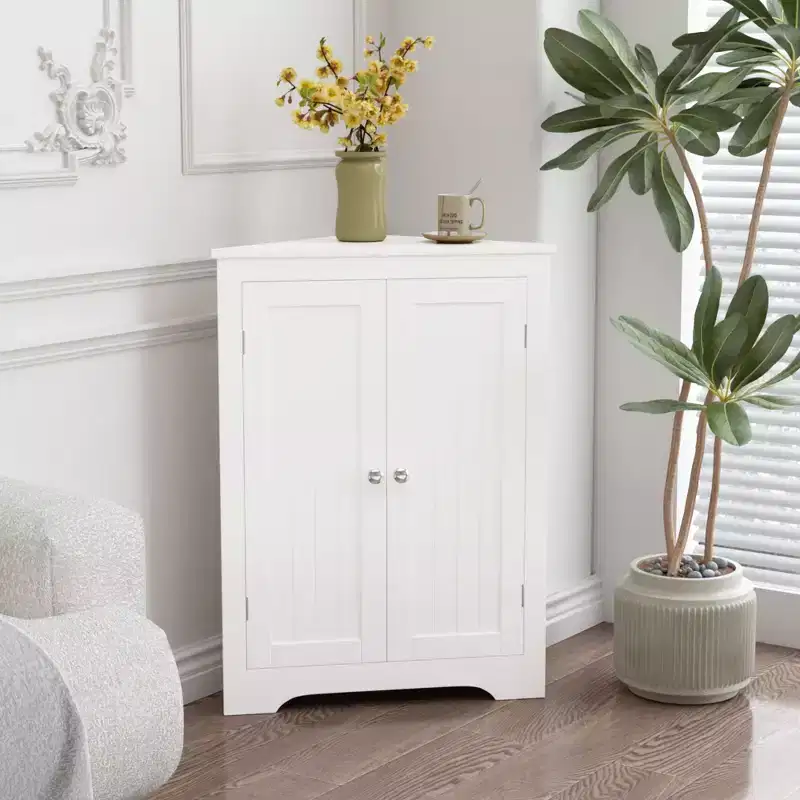 White Floor Corner Cabinet with 2 Doors & Adjustable Shelves for Bathroom Kitchen Living Room