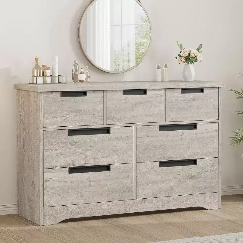 Acekool 7 Drawer Dresser for Bedroom, Modern Gray Wide Storage Chest, Embedded Handles Design, Wooden Organizer for Living Room, Nursery, Hallway