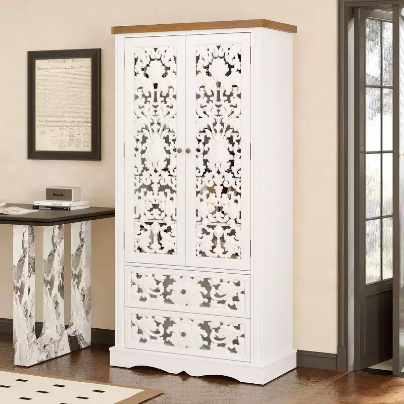 Famapy White Bookcase with Classic Aesthetics:Ornate Hollow Relief Doors & Versatile Storage