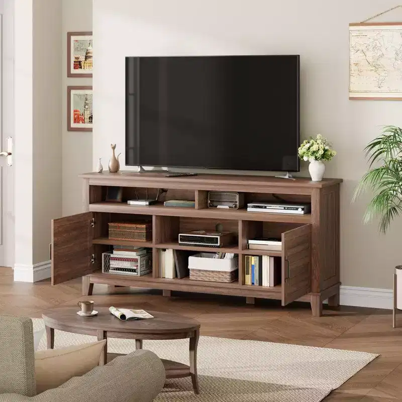 Acekool Modern TV Stand for 65 Inch TV, Semi-Open Double Door Cabinet with Adjustable Shelves, 8 Storage Compartments