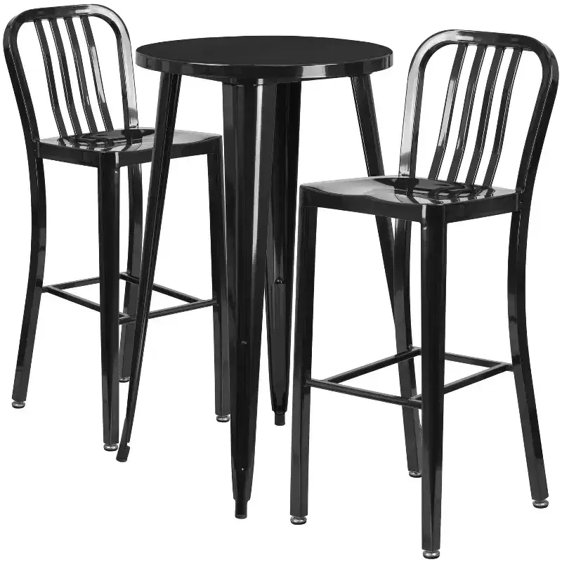 Flash Furniture Commercial Grade 24 Round Metal Indoor-Outdoor Bar Table Set with 2 Vertical Slat Back Stools