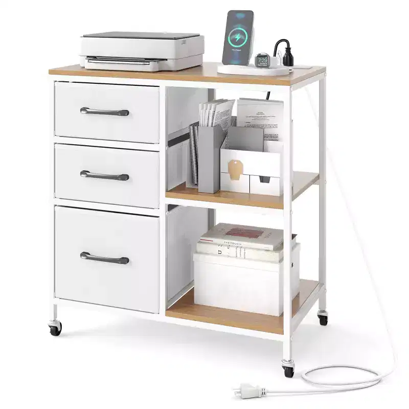 3 Drawer Mobile File Cabinet with Charging Station and Open Storage Shelves for Home Office