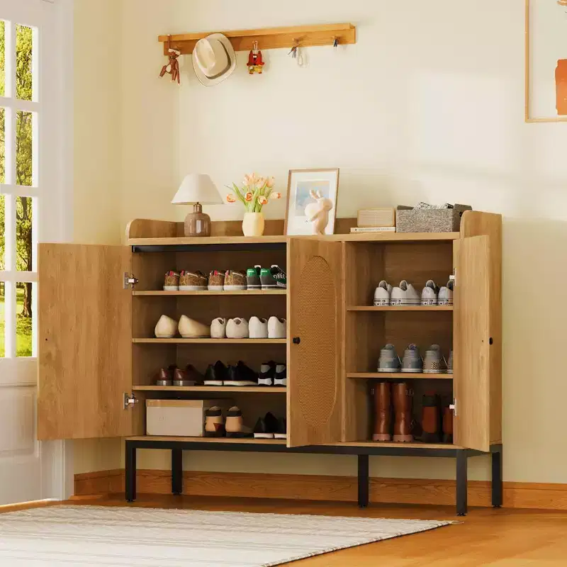 Shoe Cabinet Storage for Entryway, Shoe Organizer with Adjustable Shelves, Wooden Shoe Rack with 3 Doors for Hallway-Natural Oak