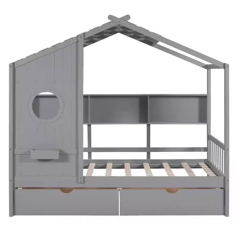 Twin Size House Bed with Storage Drawers, Kids House Bed Frame with Shelves, Cute Wood House Bed Twin with Roof for Kids, Girls, Boys, Gray