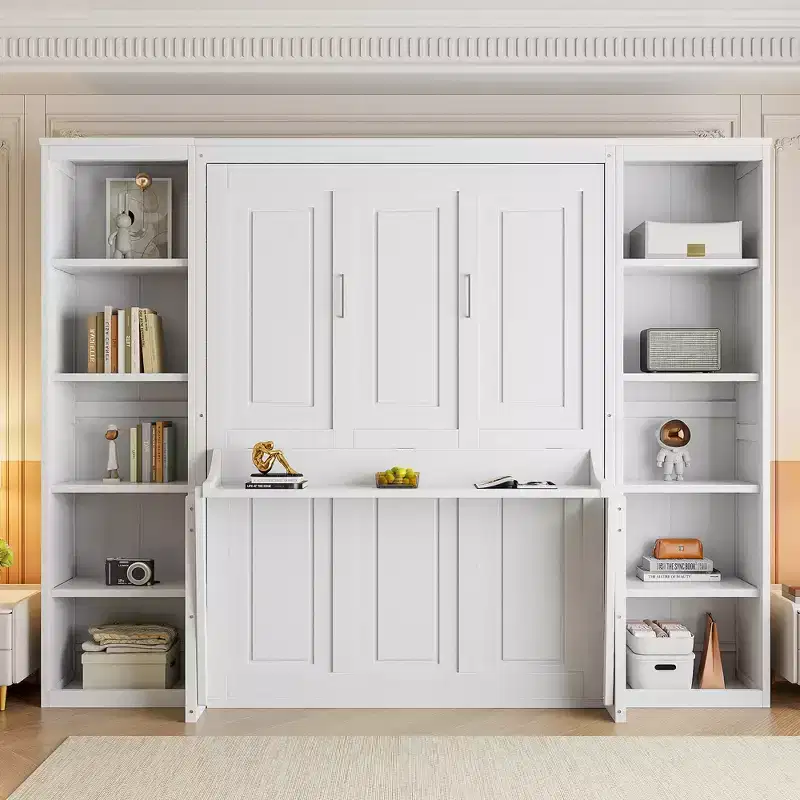 Queen/Full Size Wooden Murphy Bed with Desk and Storage Shelves, White