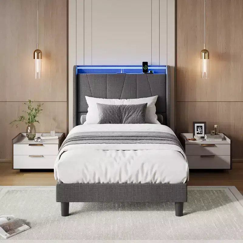Twin/Full/Queen/King LED Bed Frame with Charging Station, Upholstered Platform Bed with Headboard, Under Bed Storage, Noise-Free