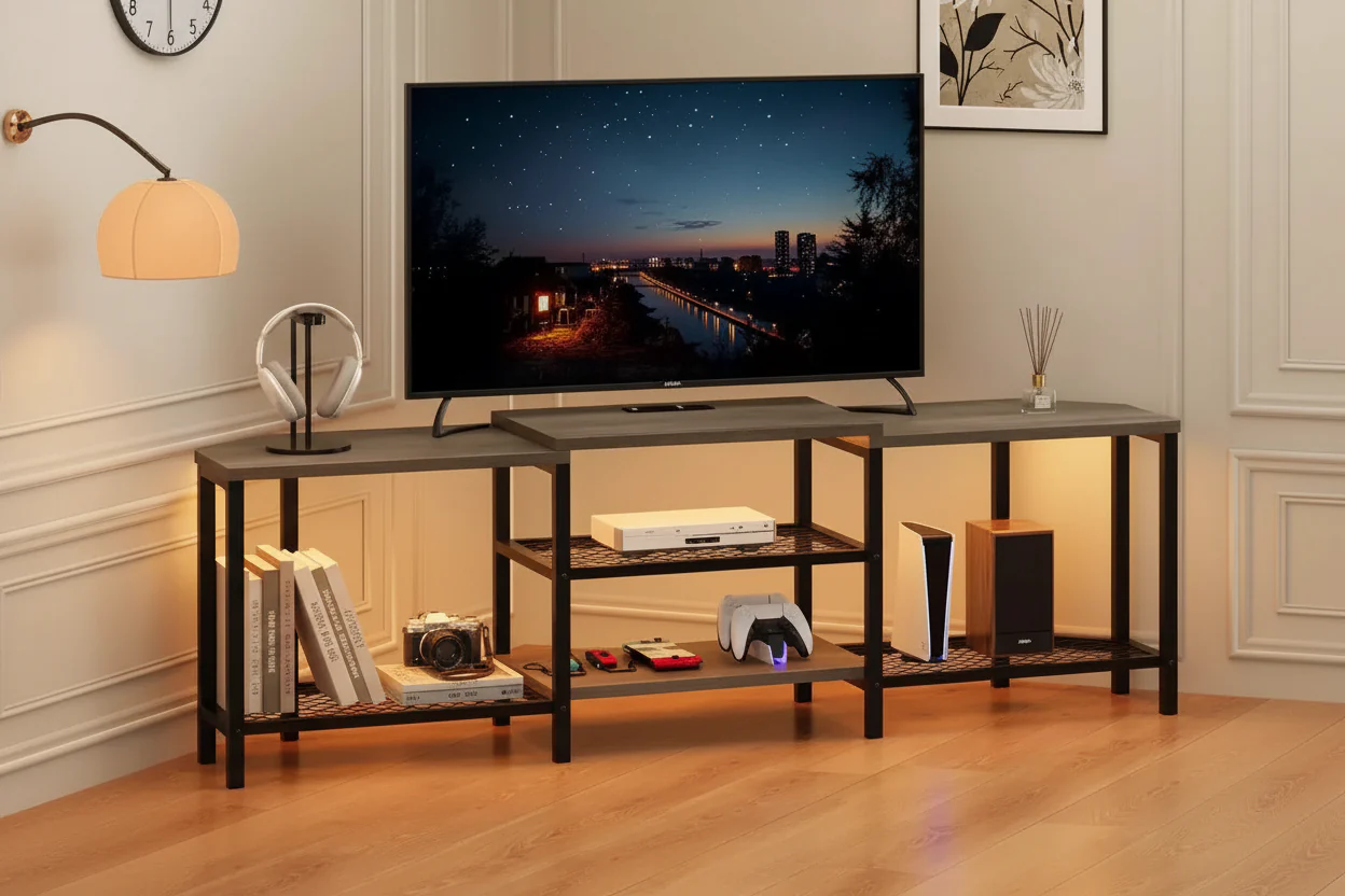 67 Inch TV Stand with LED Lights, Power Outlets & 4 Open Shelves, Grey Media Console for 55/65/75 Inch TV, Corner Entertainment Center