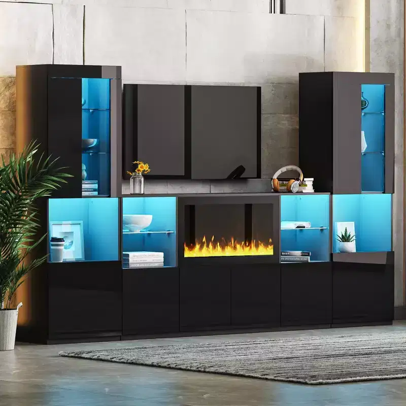 Modern TV Stand with LED Lights for 75 inch TV, Media Console Table with Tempered Glass Shelves and Non-heating Fireplace